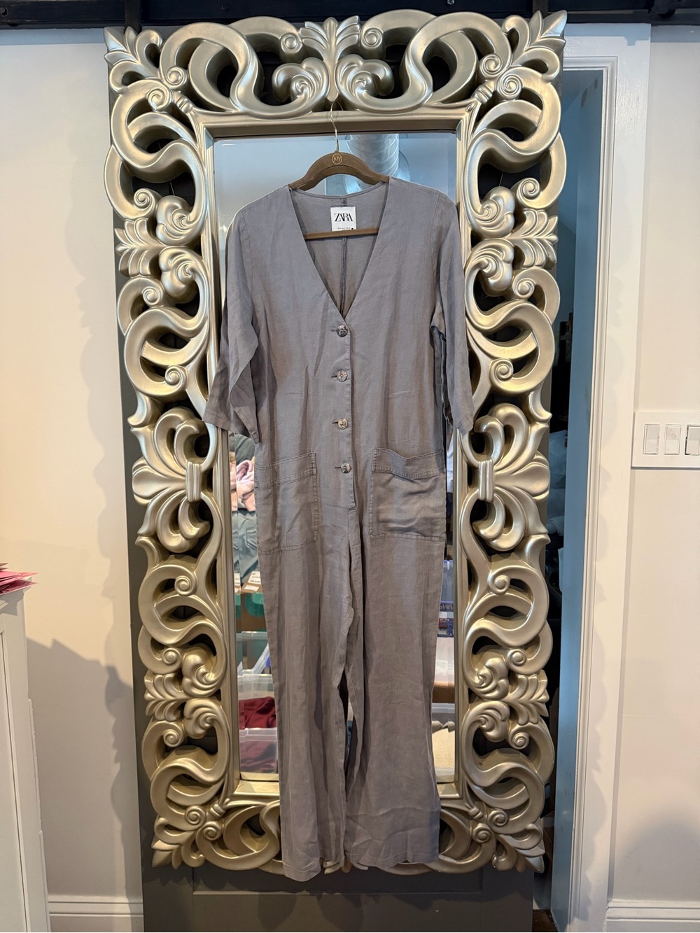 Like New Zara Gray Linen Blend V-Neck Button-Front Pockets Jumpsuit Small